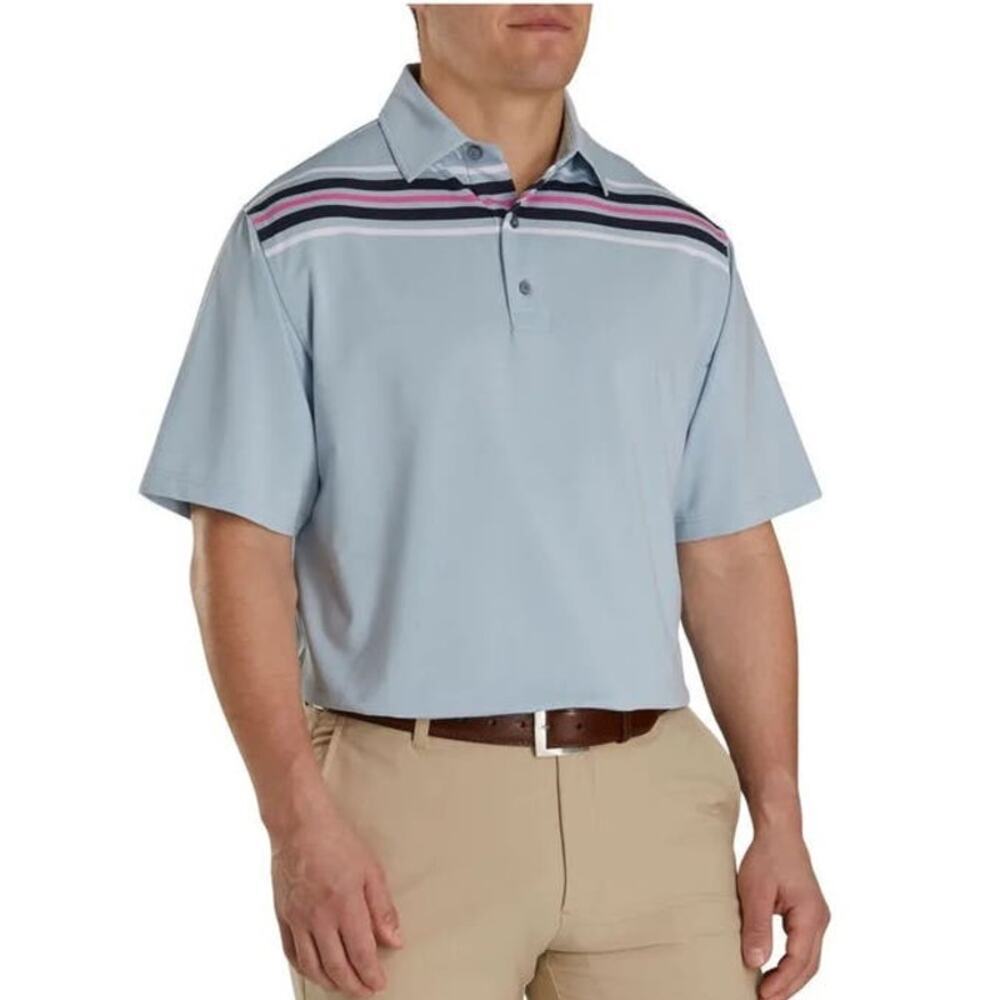 FootJoy Lisle Chest Stripe Self Collar Polo Shirt Golf Blue Mens Size XL​​